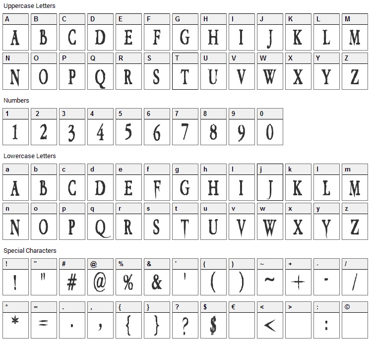 VTC Embrace Font Character Map