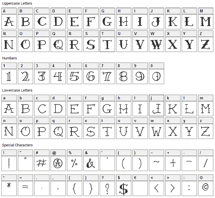 VTC Freehand Tattoo One Font Character Map