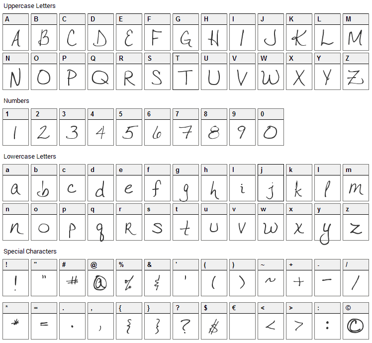 VTC Joelene Hand Font Character Map