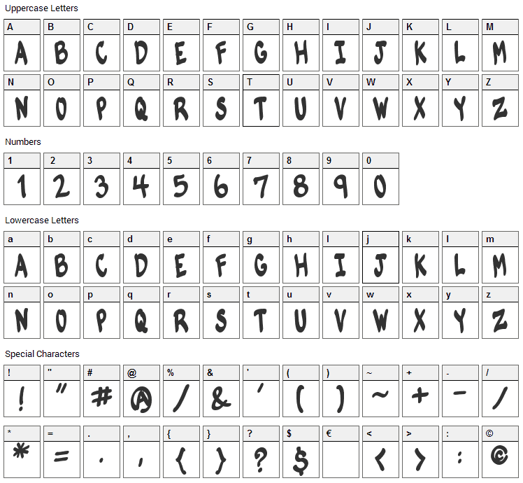 VTC Komik Skans Font Character Map