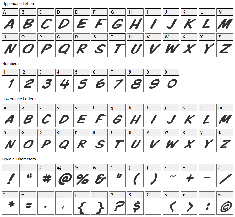 VTC Komixation Font Character Map