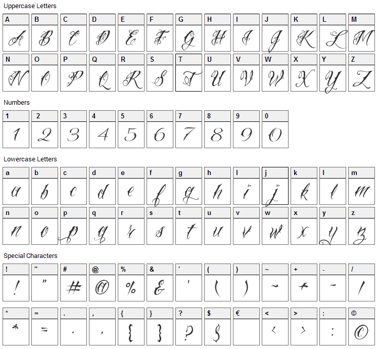 VTC Nue Tattoo Script Font Character Map