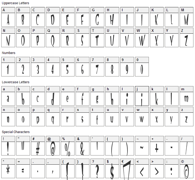 VTC Optika Font Character Map