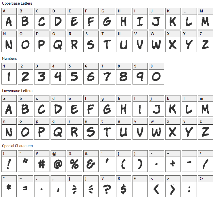 VTC Stressed Hand Font Character Map