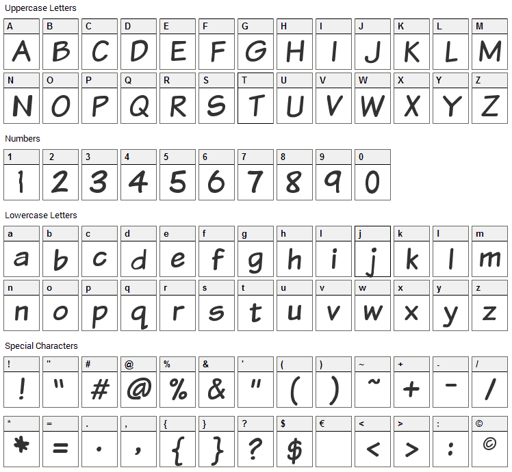 VTC Sunday Komix Font Character Map