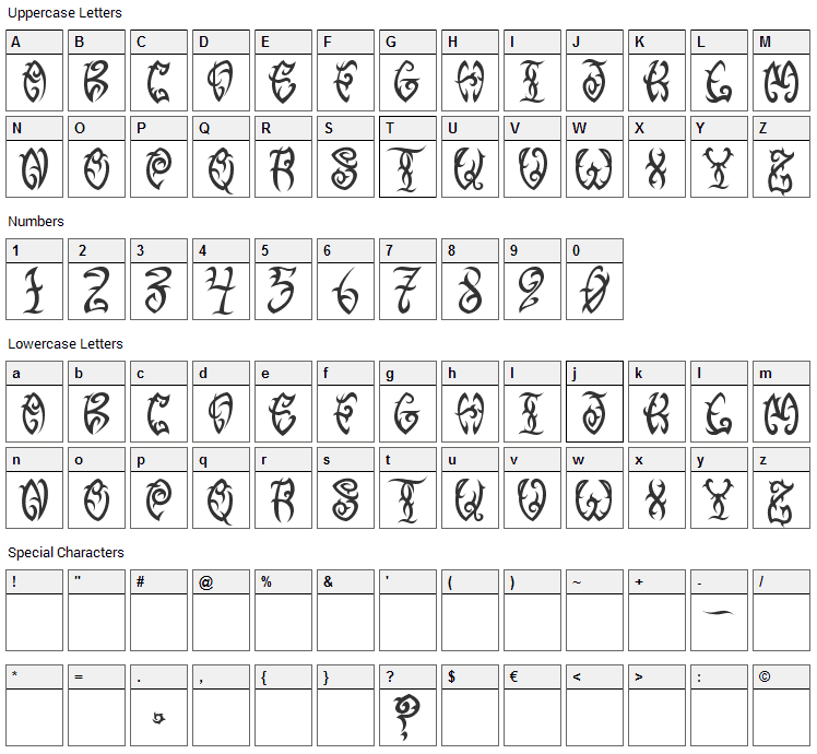 VTC Tribal Three Font Character Map