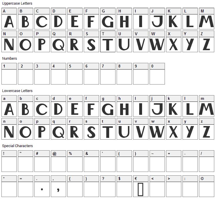 Wabene Font Character Map