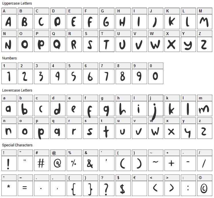 Waliny Font Character Map