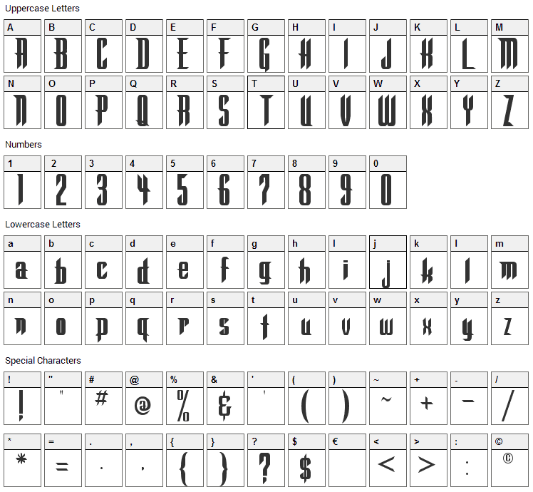 Warlock Font Character Map