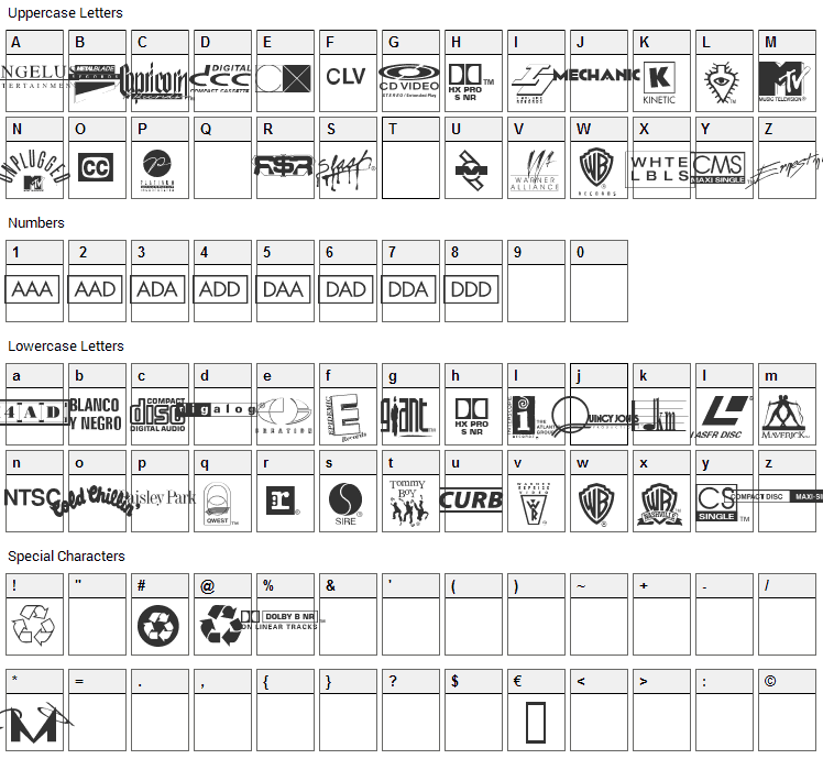 Warner Logo Font Nine Font Character Map