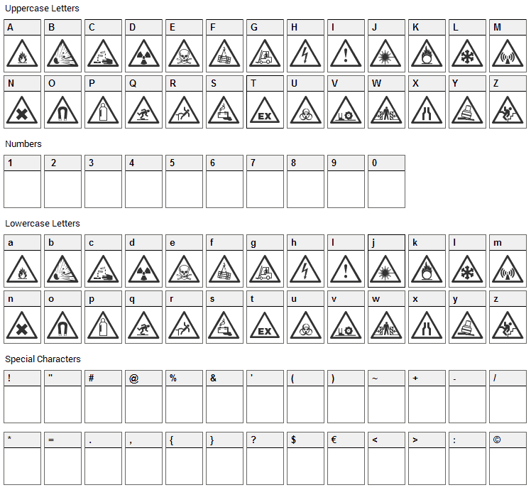 Warning Tables Font Character Map