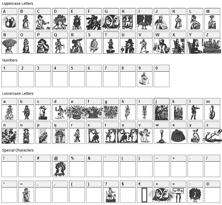 Was Woodcuts Font Character Map