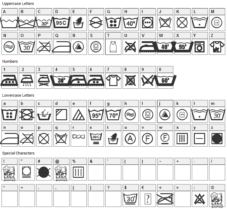 Wash Care Font Character Map