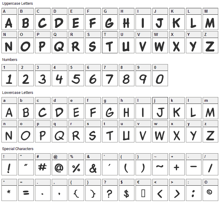 WBX Komik Font Character Map