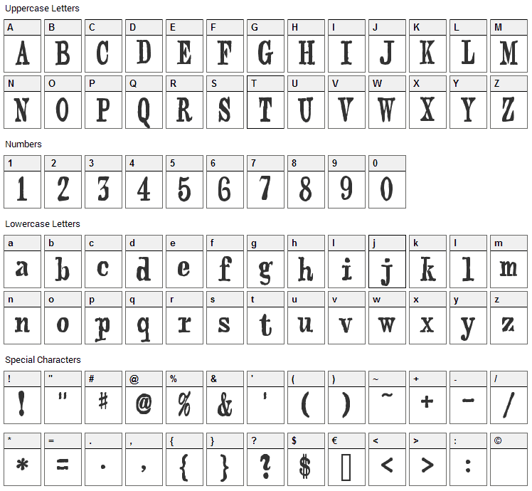 Webster Font Character Map