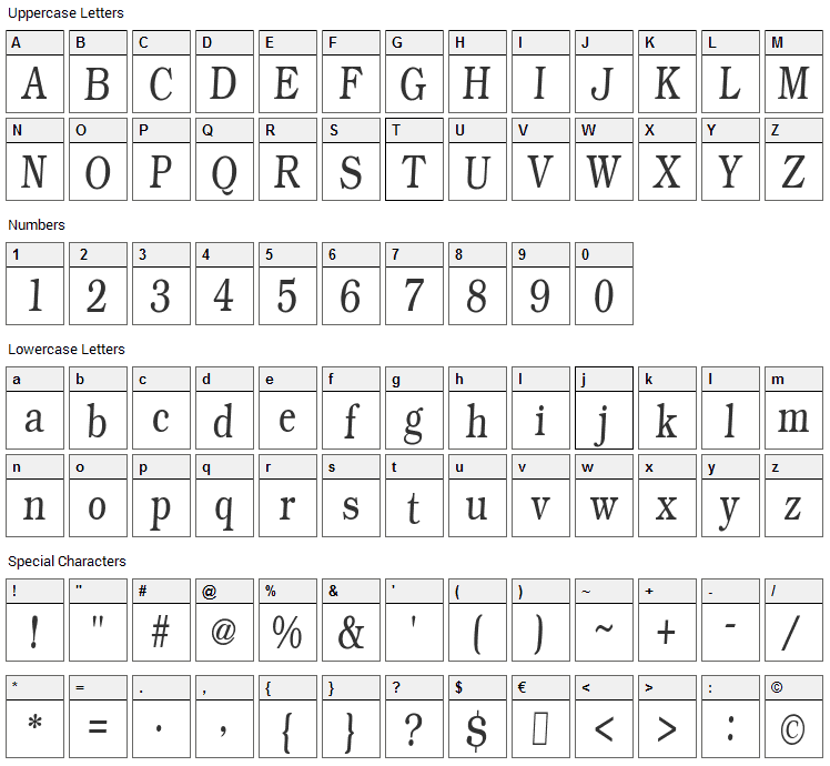 Weekdays Roman Slant Font Character Map