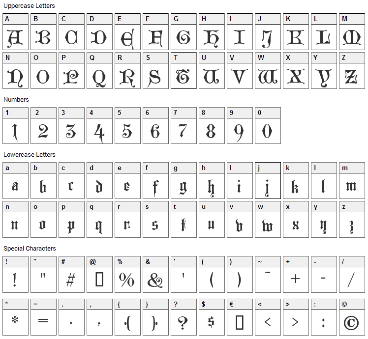 Westminster Gotisch Font Character Map