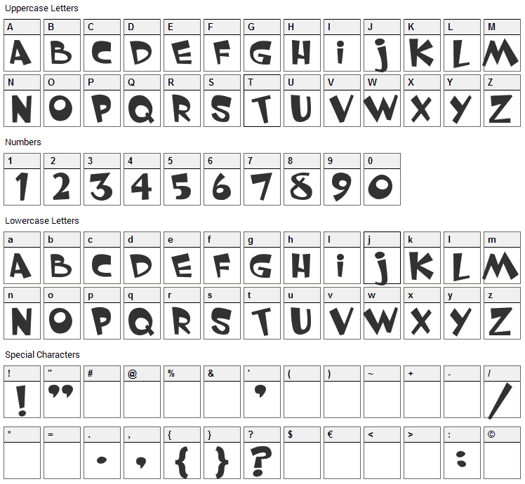 Whimsy Font Character Map