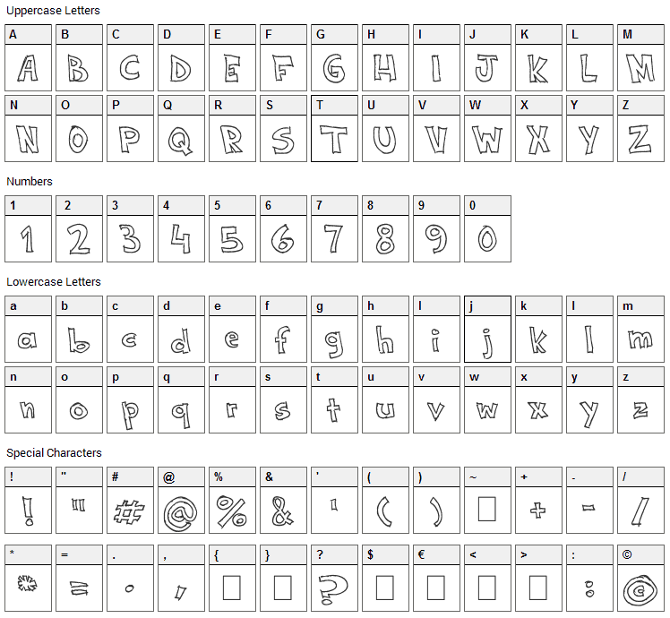 Width HandWrite Font Character Map