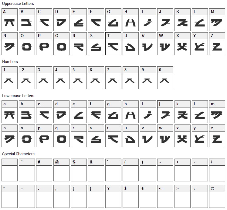Widznipp 1 Font Character Map