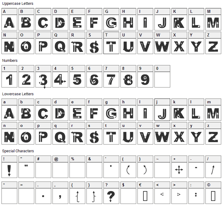 Wild Arrows Font Character Map