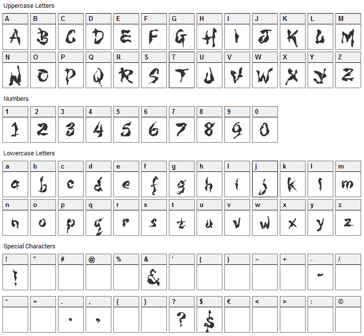 WILD3 Infected Hurt Font Character Map