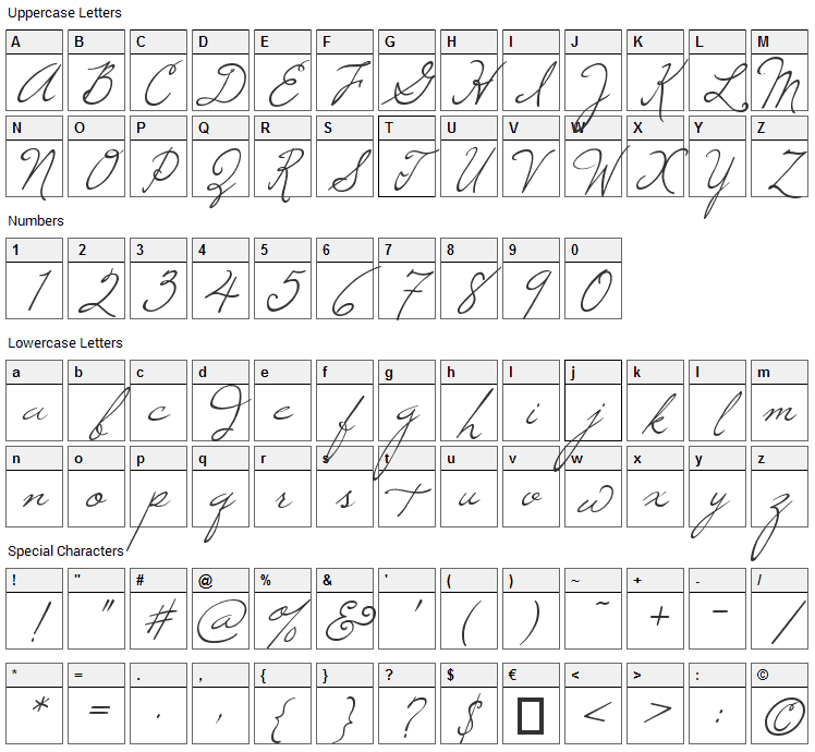 Windsong Font Character Map