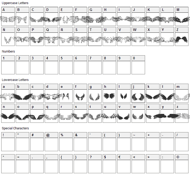 Wings of Wind Font Character Map