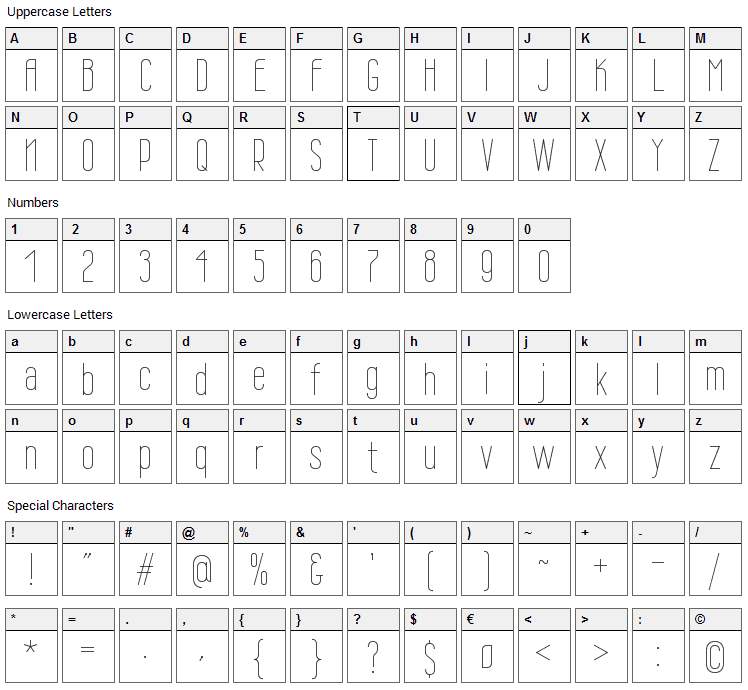 Wire One Font Character Map