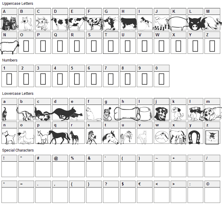 WM Animals 1 Font Character Map