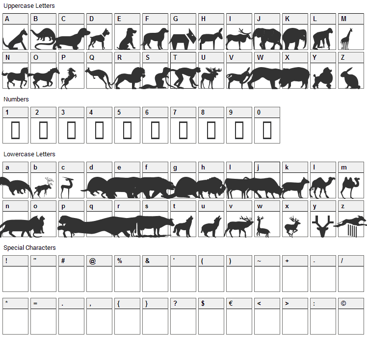 WM Animals 2 Font Character Map