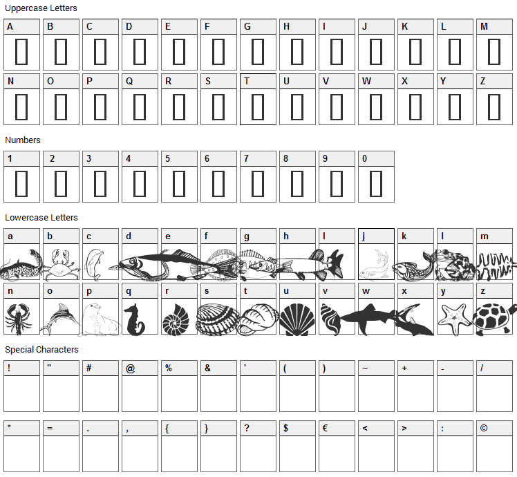 WM Aquatic 1 Font Character Map