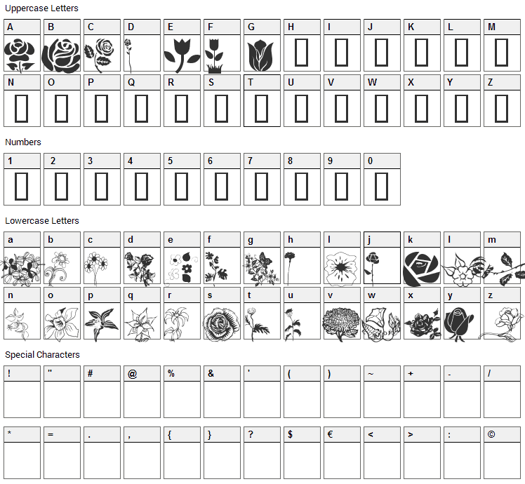 WM Flowers Font Character Map