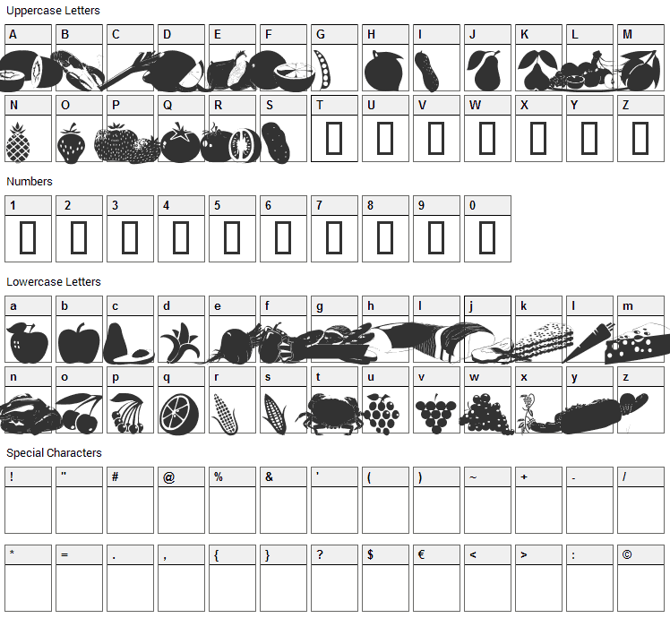 WM Food 1 Font Character Map