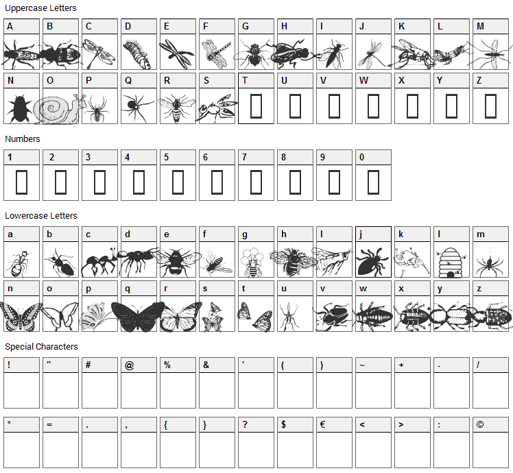 WM Insects Font Character Map