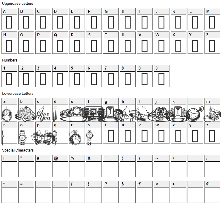 WM Jewelry Font Character Map