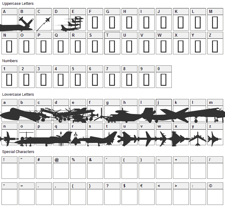 WM Military 1 Font Character Map