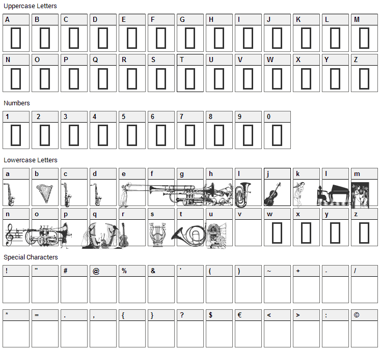 WM Music Font Character Map