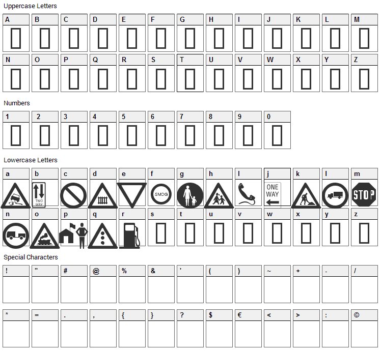 WM Roadsigns Font Character Map