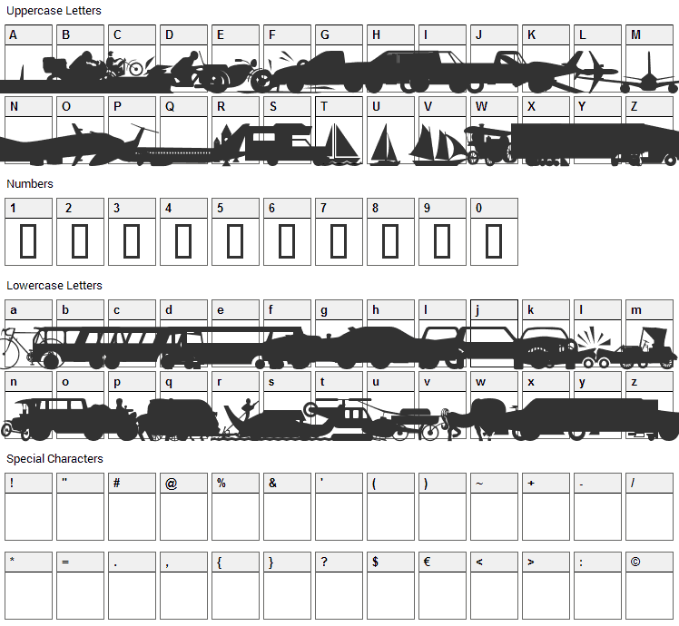 WM Transport 1 Font Character Map