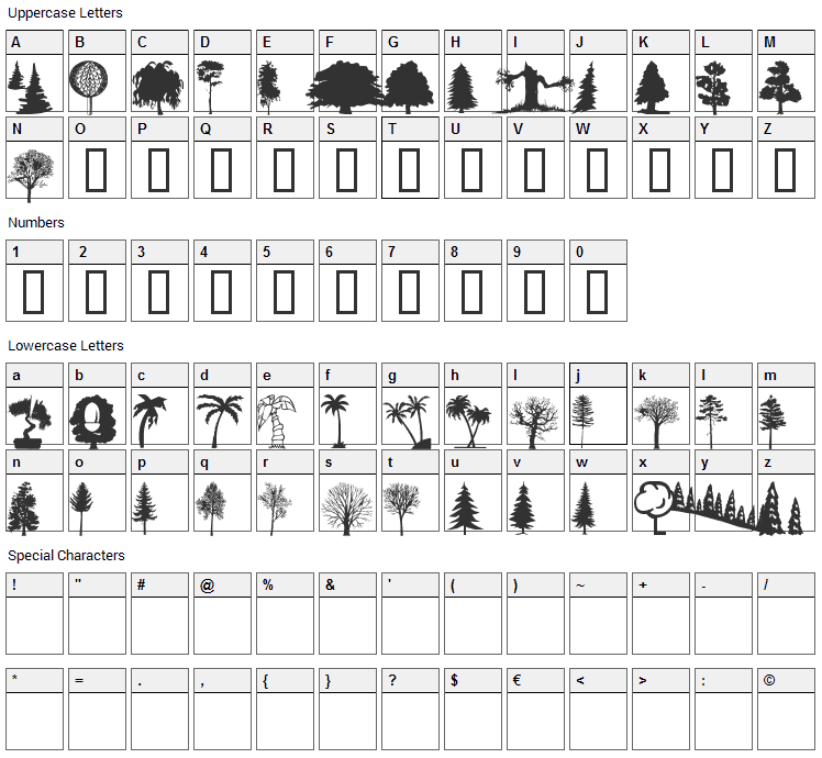 WM Trees 1 Font Character Map