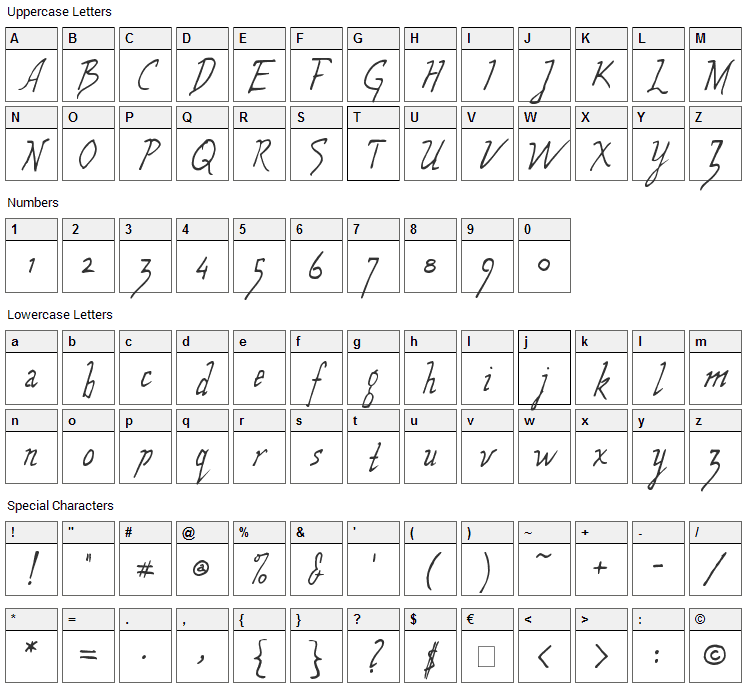 Wolven Script Font Character Map