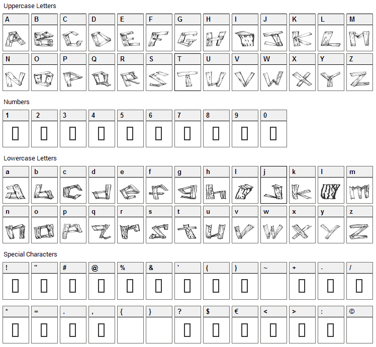 Wood 2 Font Character Map