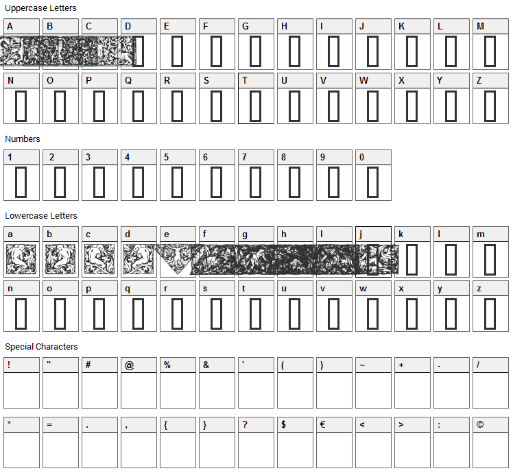 Woodcut 1 Font Character Map