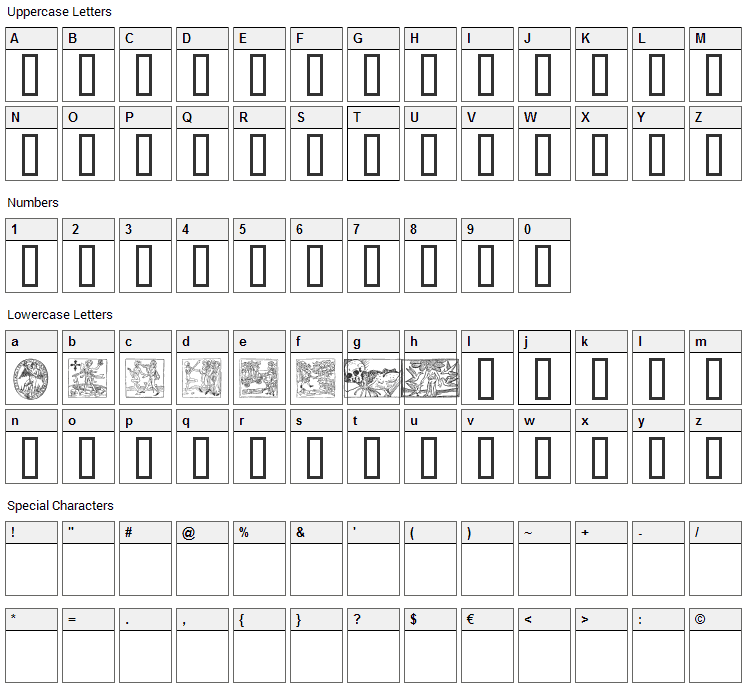 Woodcut 2 Font Character Map