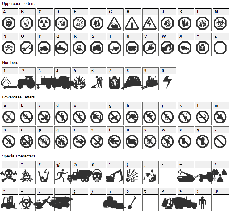 Working Signs Font Character Map