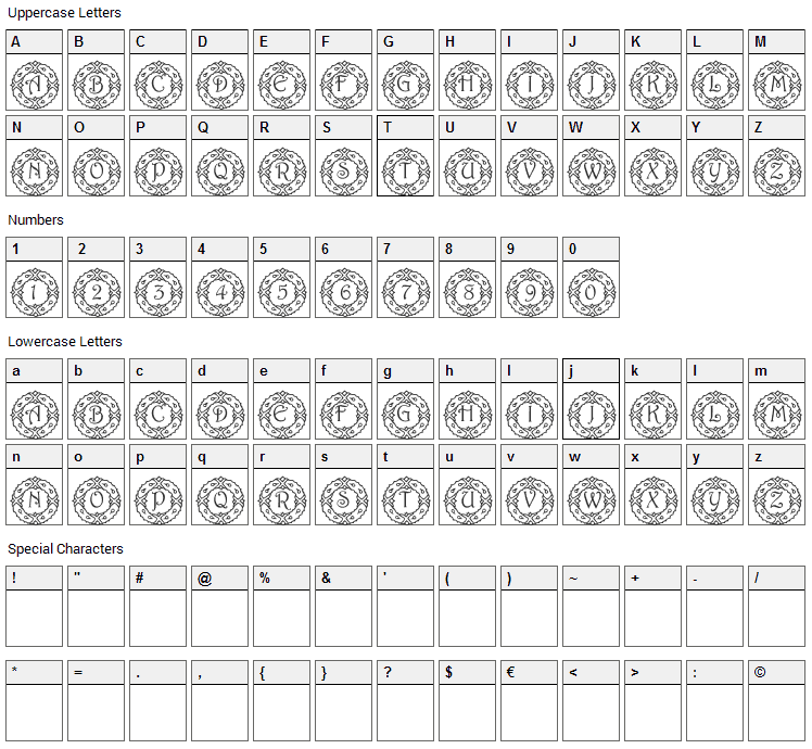 Wreath Font Character Map