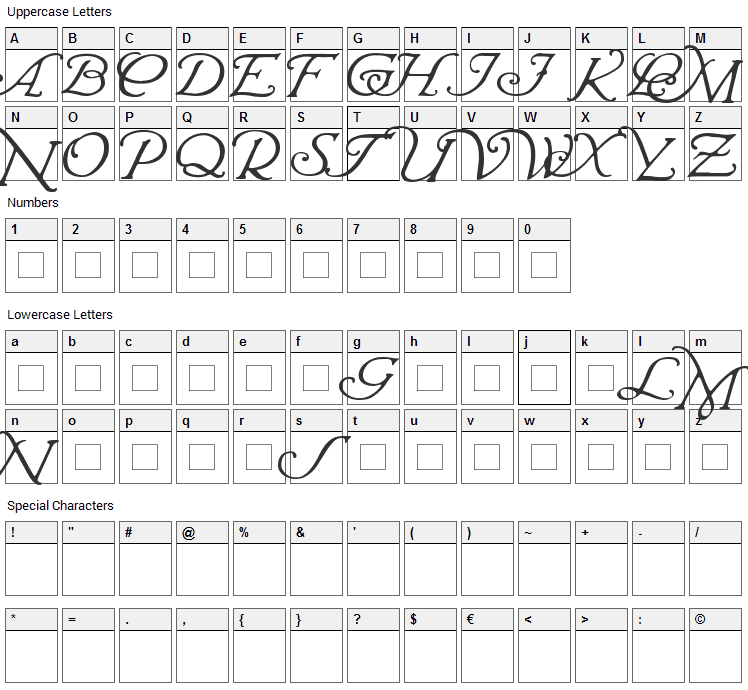 Wrenn Initials Font Character Map