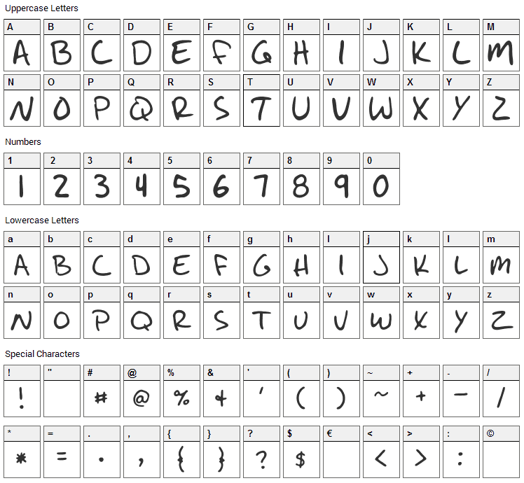 Write Like Jesse Font Character Map