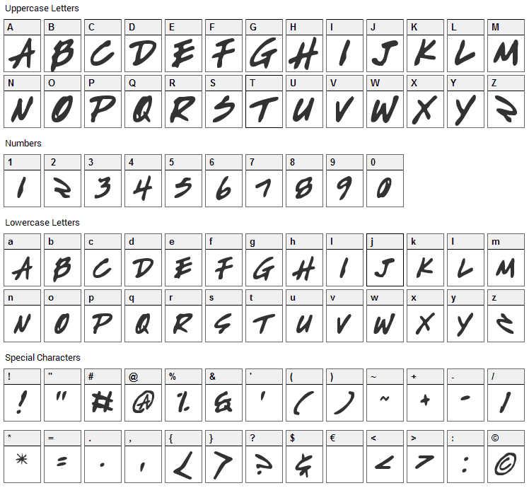 Write Off Font Character Map